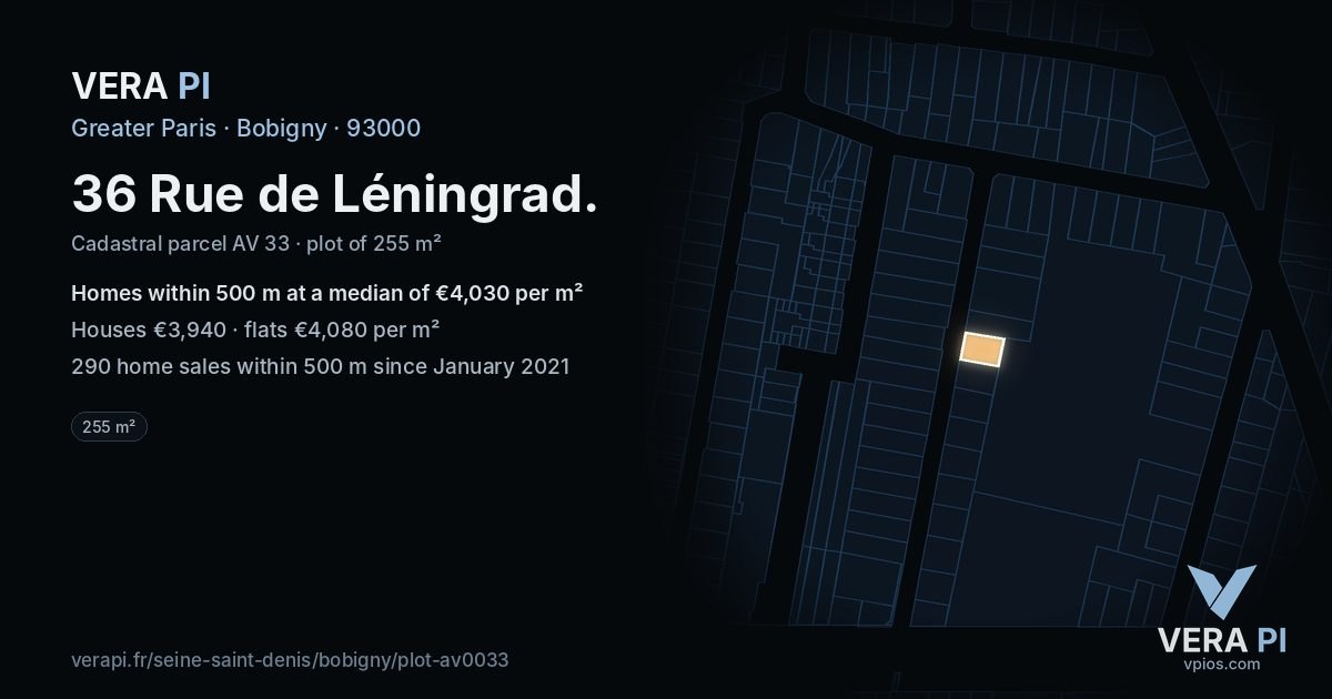 36 Rue de Léningrad, Bobigny at night – the plot lit, the parcels around coloured by the prices near them