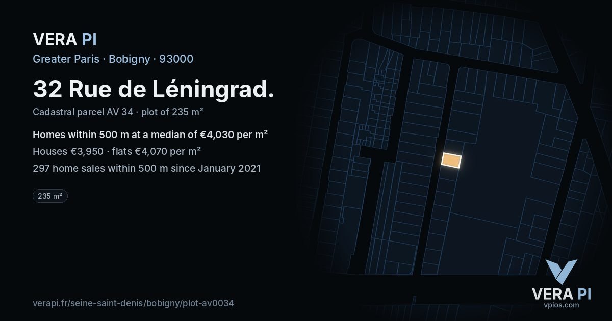 32 Rue de Léningrad, Bobigny at night – the plot lit, the parcels around coloured by the prices near them