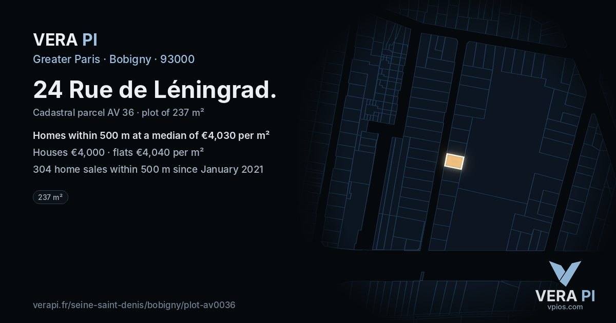 24 Rue de Léningrad, Bobigny at night – the plot lit, the parcels around coloured by the prices near them