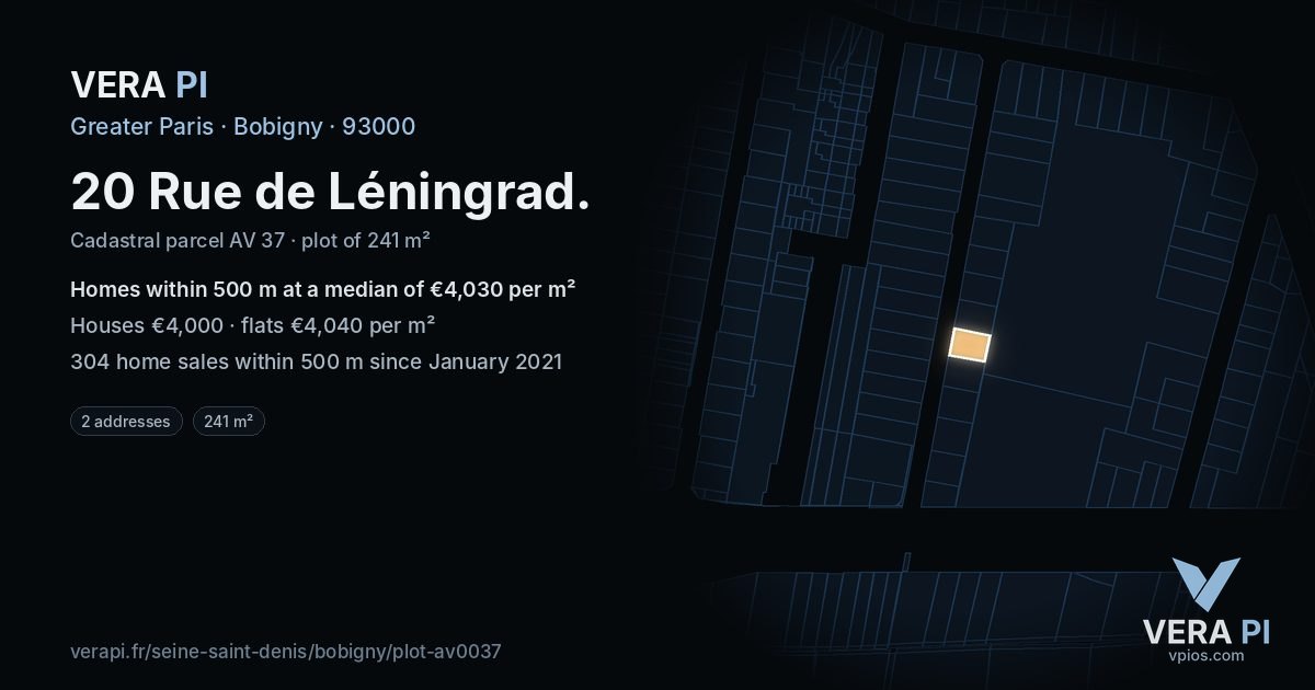 20 Rue de Léningrad, Bobigny at night – the plot lit, the parcels around coloured by the prices near them