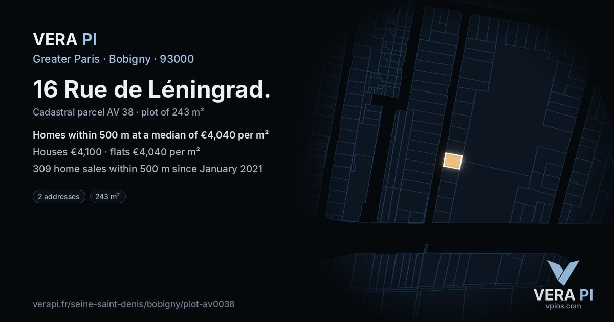 16 Rue de Léningrad, Bobigny at night – the plot lit, the parcels around coloured by the prices near them