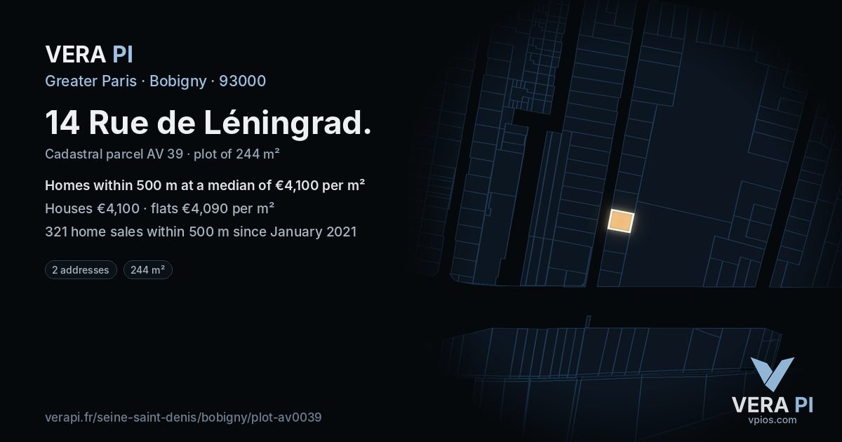 14 Rue de Léningrad, Bobigny at night – the plot lit, the parcels around coloured by the prices near them