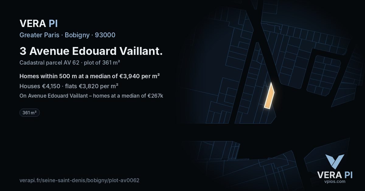 3 Avenue Edouard Vaillant, Bobigny at night – the plot lit, the parcels around coloured by the prices near them