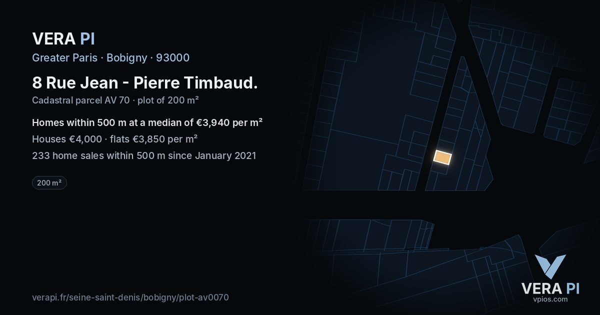 8 Rue Jean - Pierre Timbaud, Bobigny at night – the plot lit, the parcels around coloured by the prices near them