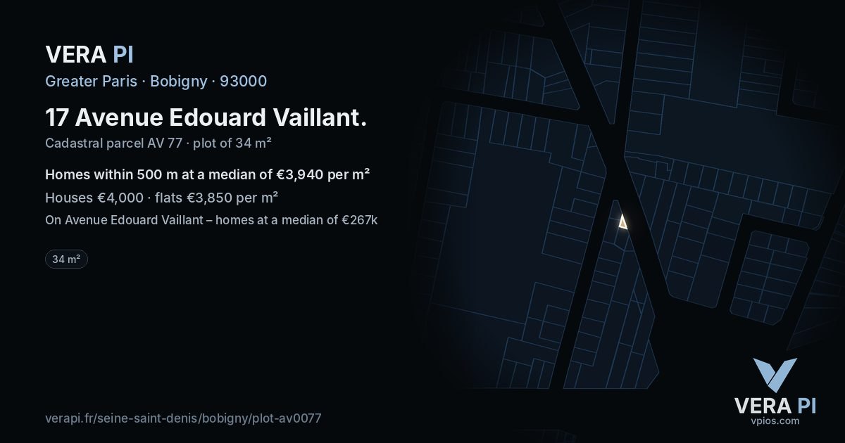 17 Avenue Edouard Vaillant, Bobigny at night – the plot lit, the parcels around coloured by the prices near them