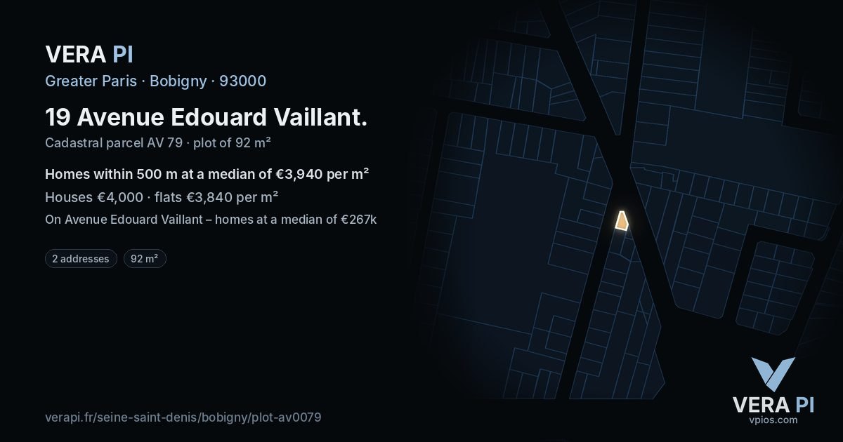 19 Avenue Edouard Vaillant, Bobigny at night – the plot lit, the parcels around coloured by the prices near them