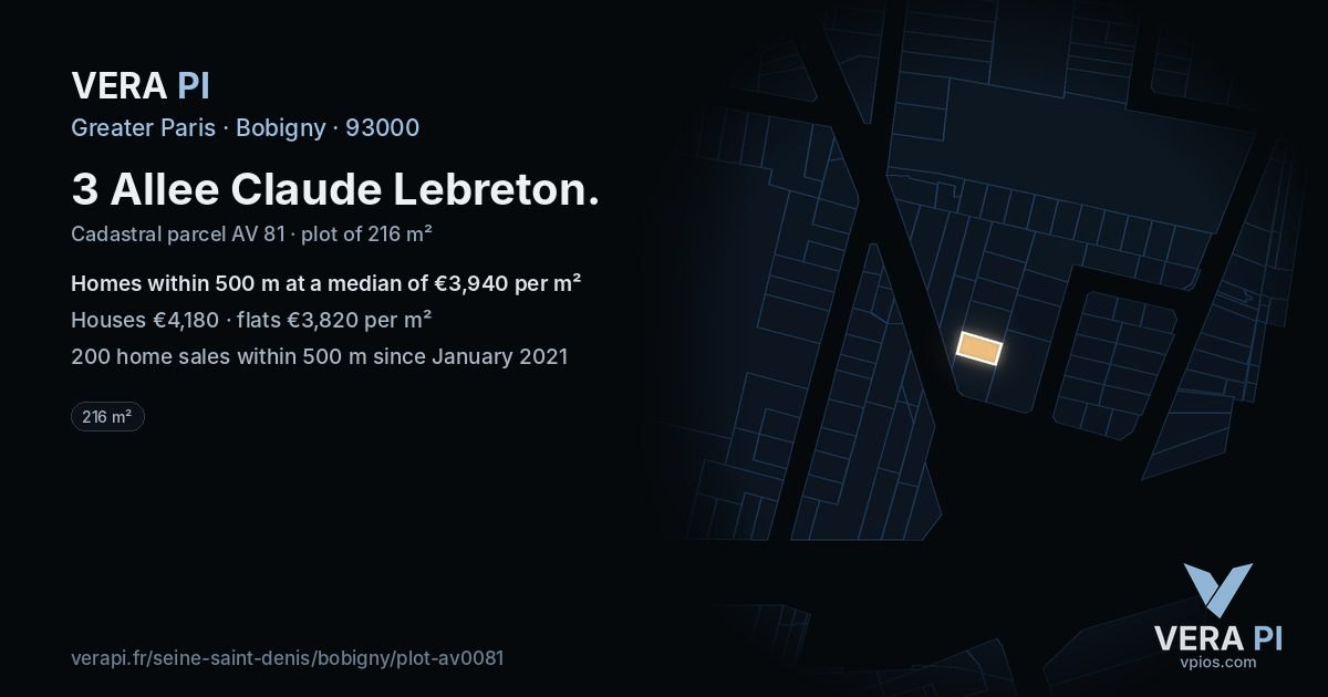 3 Allee Claude Lebreton, Bobigny at night – the plot lit, the parcels around coloured by the prices near them