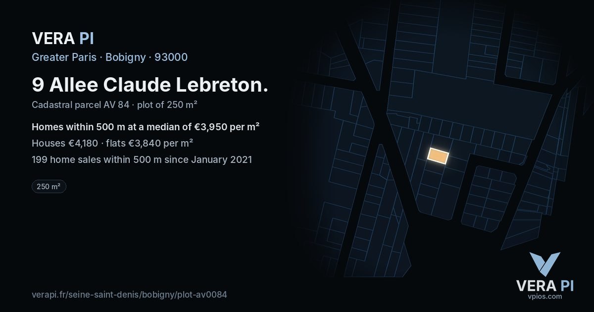 9 Allee Claude Lebreton, Bobigny at night – the plot lit, the parcels around coloured by the prices near them