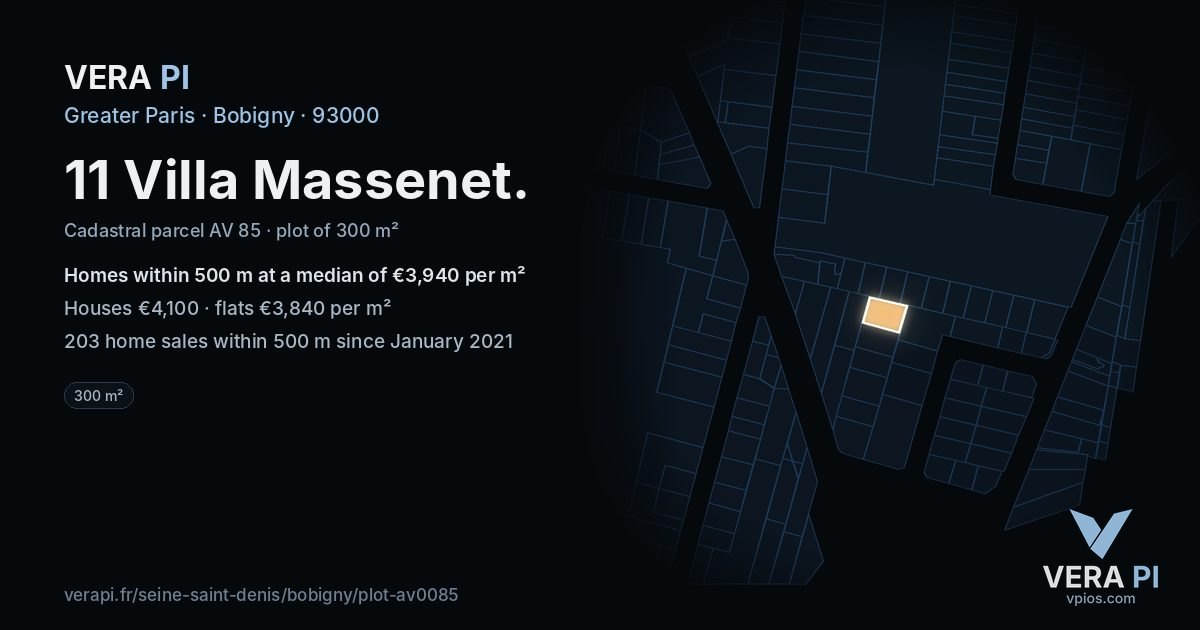 11 Villa Massenet, Bobigny at night – the plot lit, the parcels around coloured by the prices near them