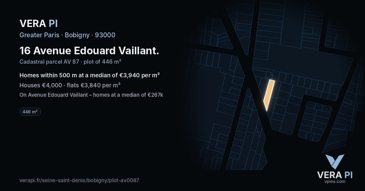 16 Avenue Edouard Vaillant, Bobigny at night – the plot lit, the parcels around coloured by the prices near them