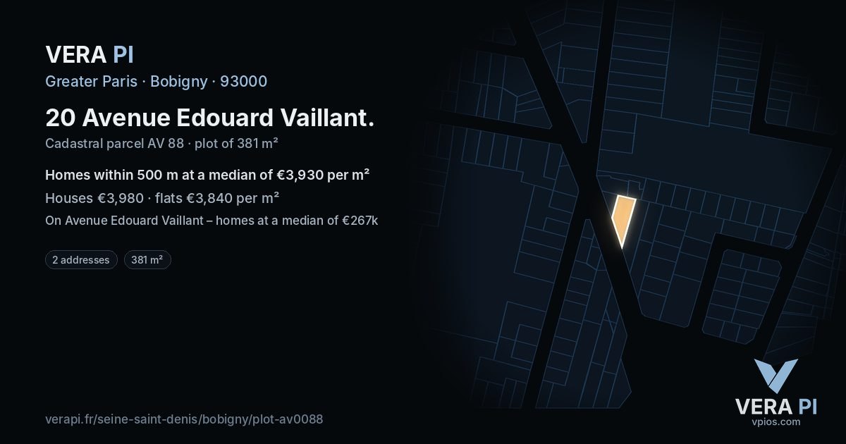 20 Avenue Edouard Vaillant, Bobigny at night – the plot lit, the parcels around coloured by the prices near them
