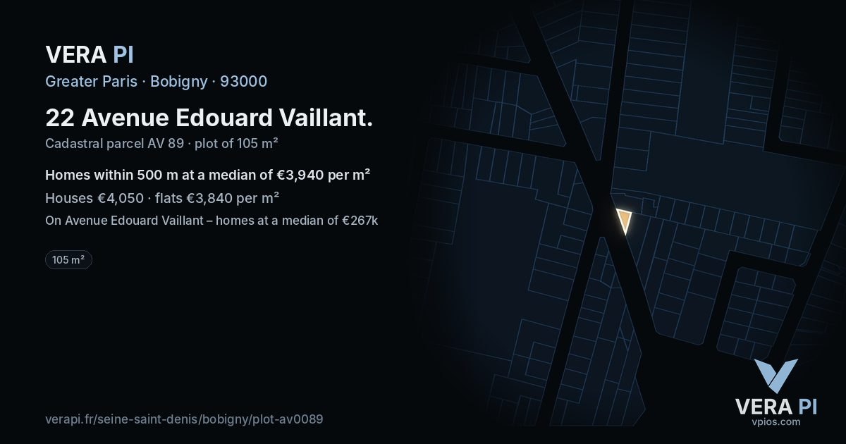 22 Avenue Edouard Vaillant, Bobigny at night – the plot lit, the parcels around coloured by the prices near them