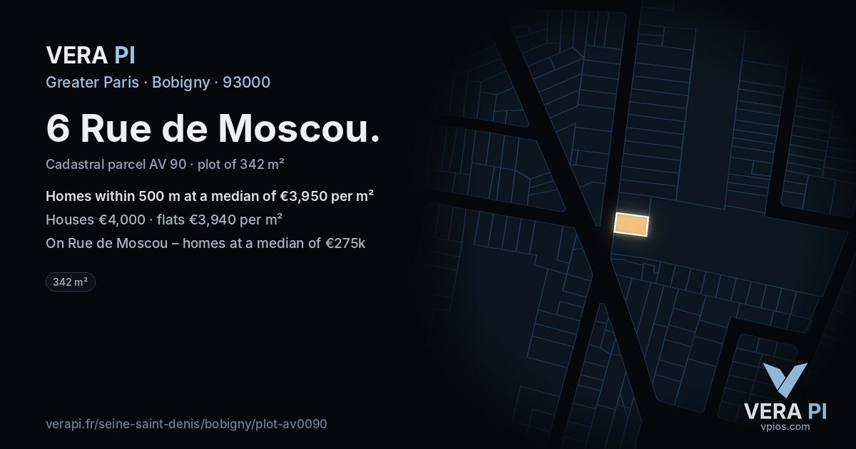 6 Rue de Moscou, Bobigny at night – the plot lit, the parcels around coloured by the prices near them