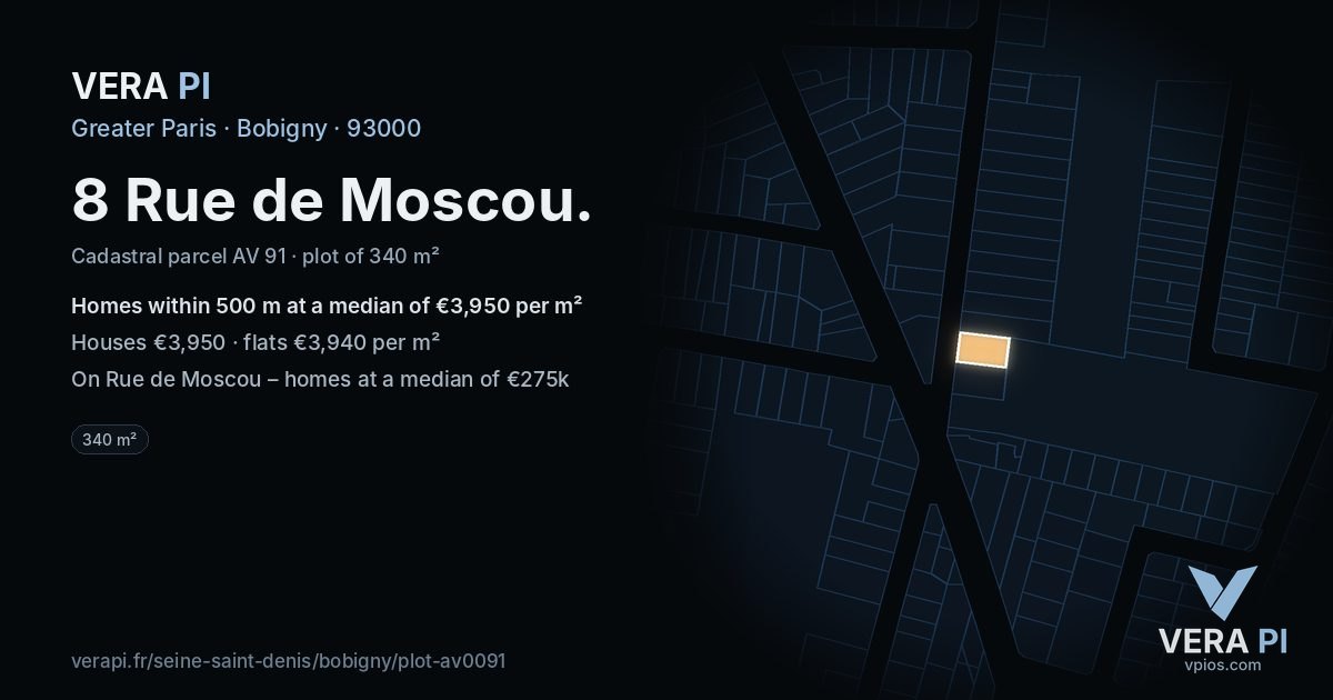 8 Rue de Moscou, Bobigny at night – the plot lit, the parcels around coloured by the prices near them