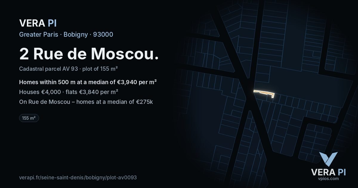 2 Rue de Moscou, Bobigny at night – the plot lit, the parcels around coloured by the prices near them