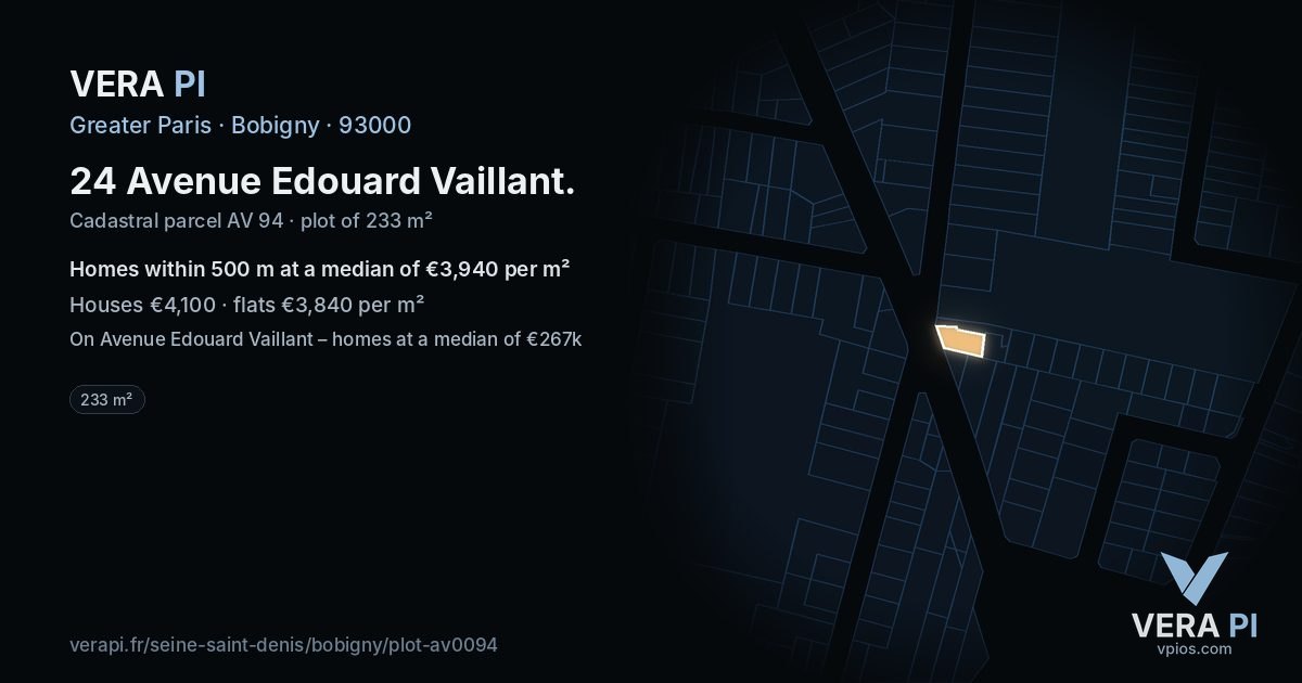 24 Avenue Edouard Vaillant, Bobigny at night – the plot lit, the parcels around coloured by the prices near them