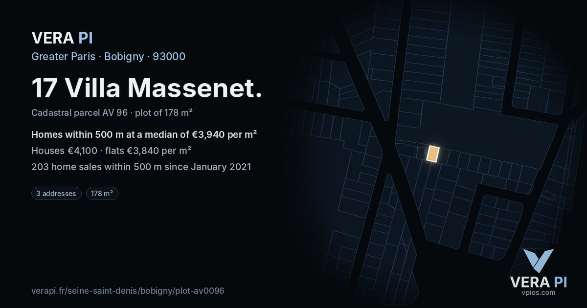 17 Villa Massenet, Bobigny at night – the plot lit, the parcels around coloured by the prices near them