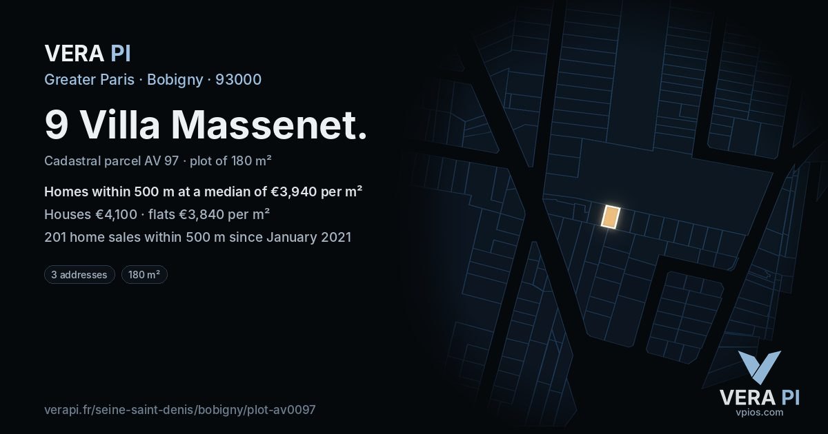 9 Villa Massenet, Bobigny at night – the plot lit, the parcels around coloured by the prices near them