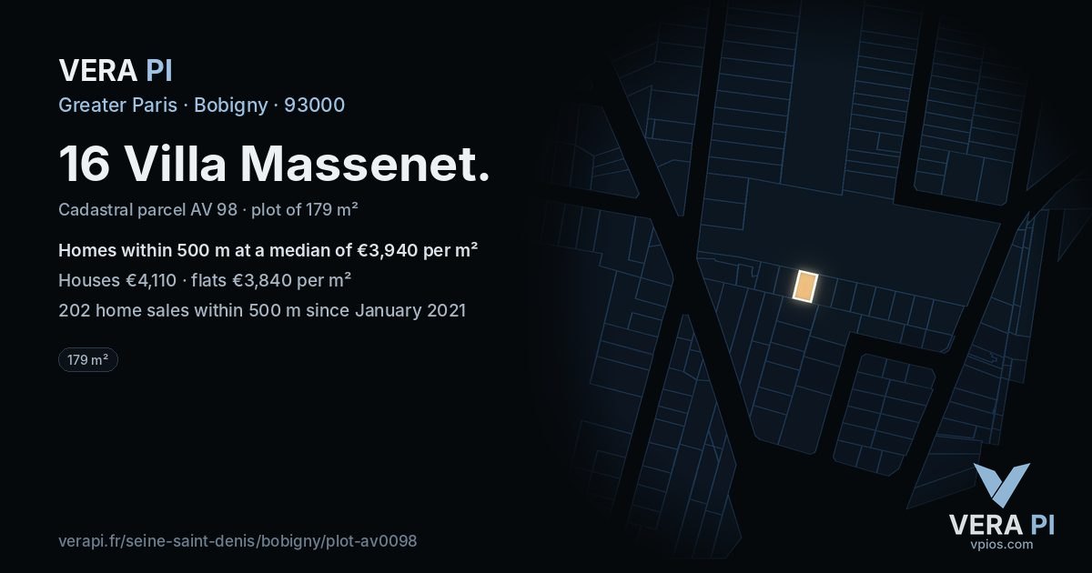 16 Villa Massenet, Bobigny at night – the plot lit, the parcels around coloured by the prices near them