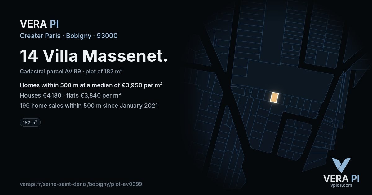 14 Villa Massenet, Bobigny at night – the plot lit, the parcels around coloured by the prices near them