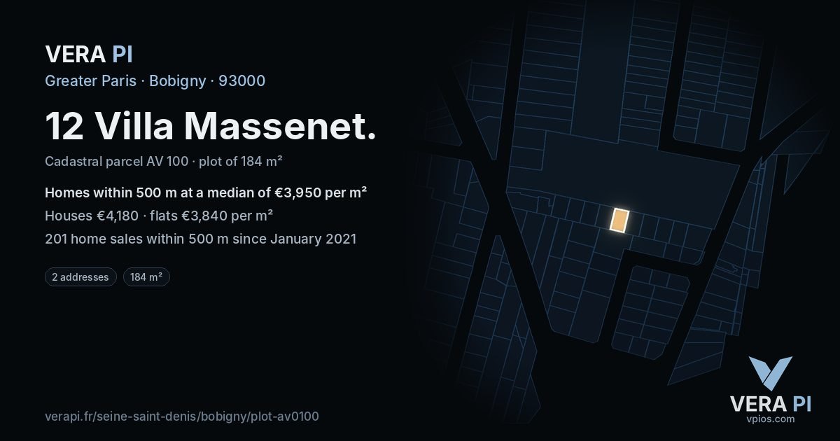 12 Villa Massenet, Bobigny at night – the plot lit, the parcels around coloured by the prices near them