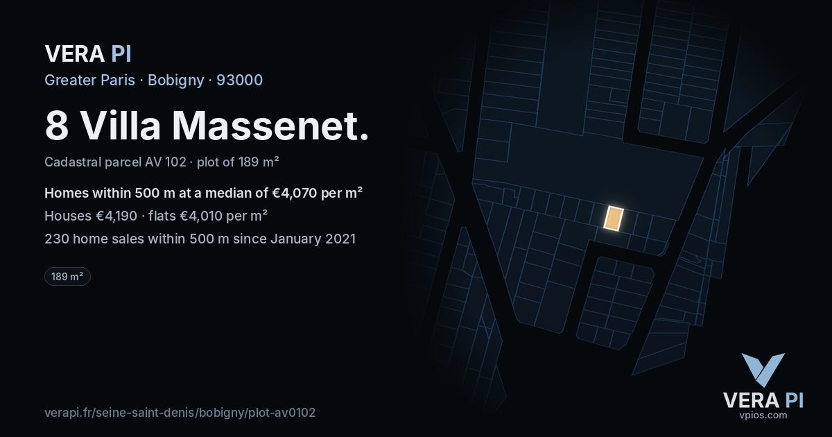 8 Villa Massenet, Bobigny at night – the plot lit, the parcels around coloured by the prices near them