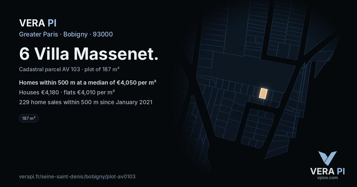 6 Villa Massenet, Bobigny at night – the plot lit, the parcels around coloured by the prices near them