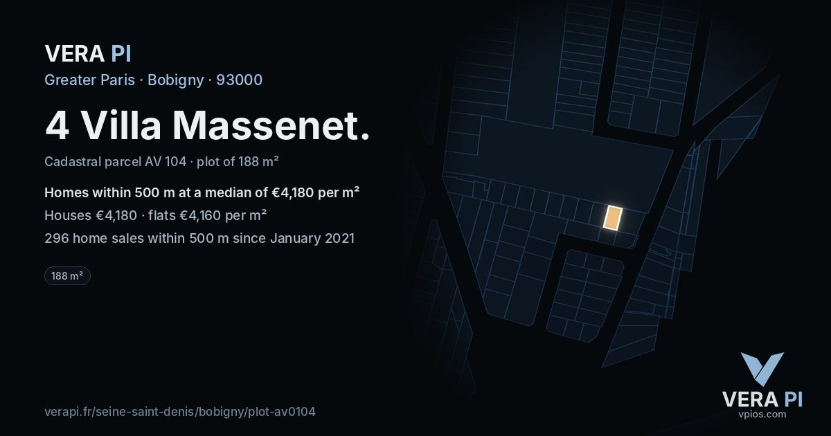 4 Villa Massenet, Bobigny at night – the plot lit, the parcels around coloured by the prices near them