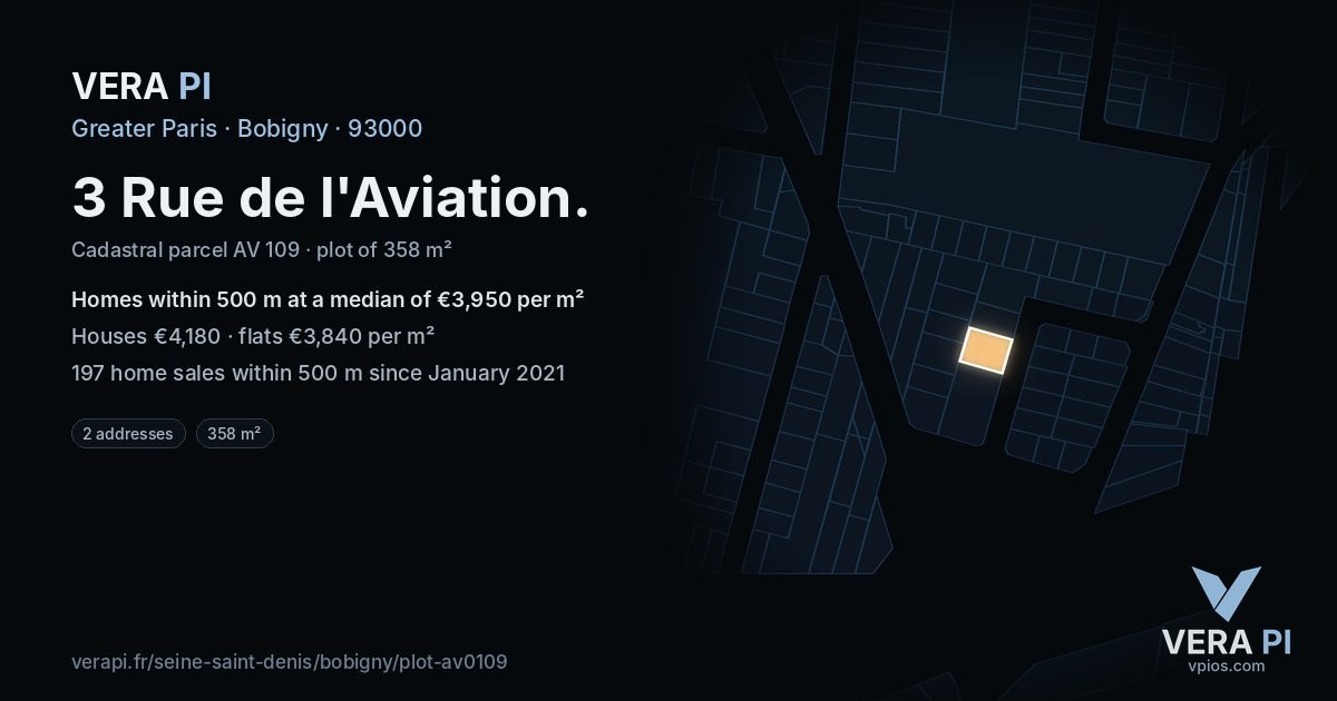3 Rue de l'Aviation, Bobigny at night – the plot lit, the parcels around coloured by the prices near them