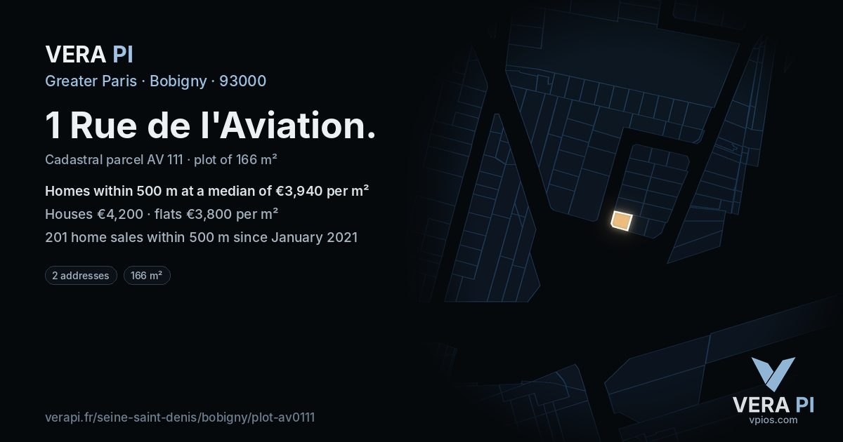 1 Rue de l'Aviation, Bobigny at night – the plot lit, the parcels around coloured by the prices near them
