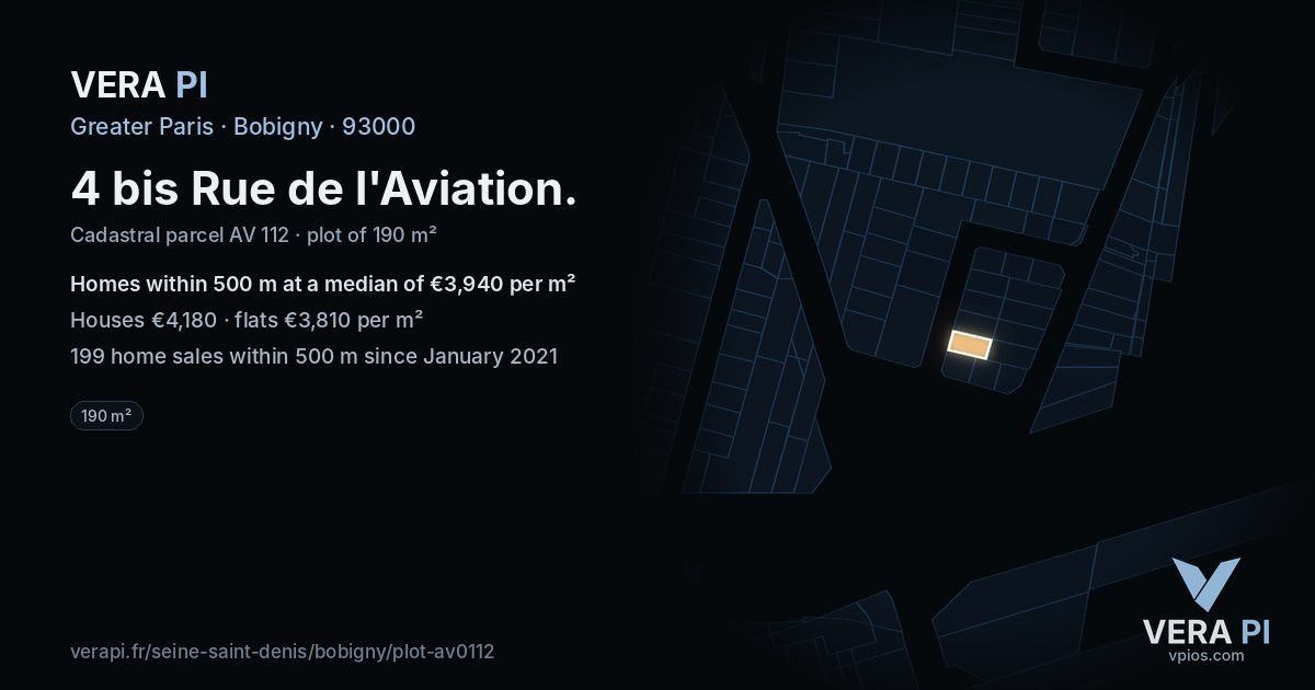4 bis Rue de l'Aviation, Bobigny at night – the plot lit, the parcels around coloured by the prices near them