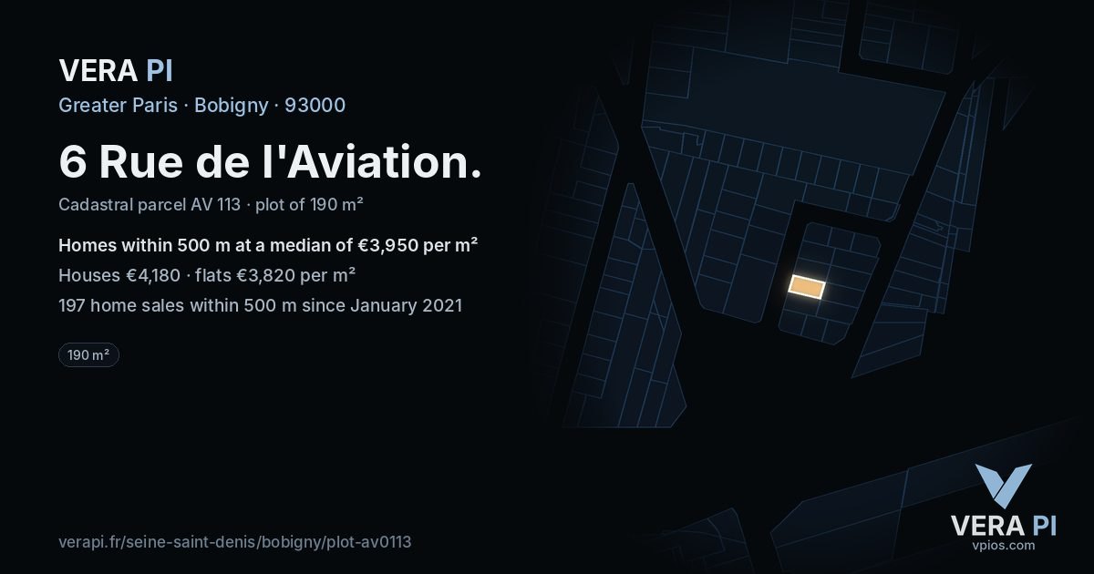 6 Rue de l'Aviation, Bobigny at night – the plot lit, the parcels around coloured by the prices near them