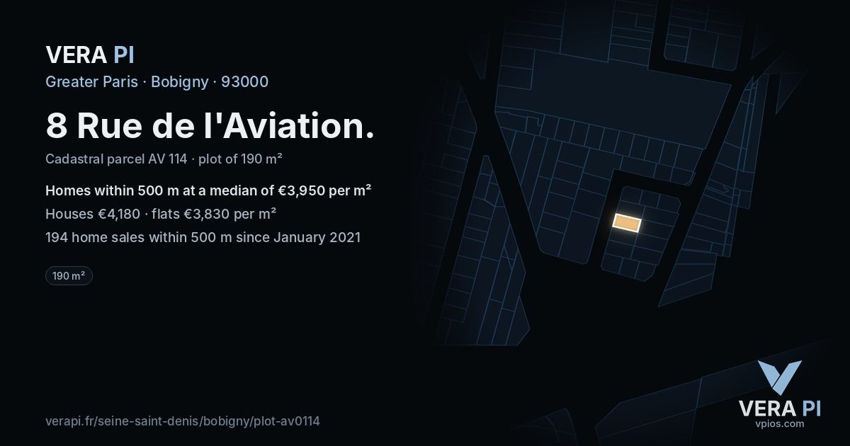 8 Rue de l'Aviation, Bobigny at night – the plot lit, the parcels around coloured by the prices near them