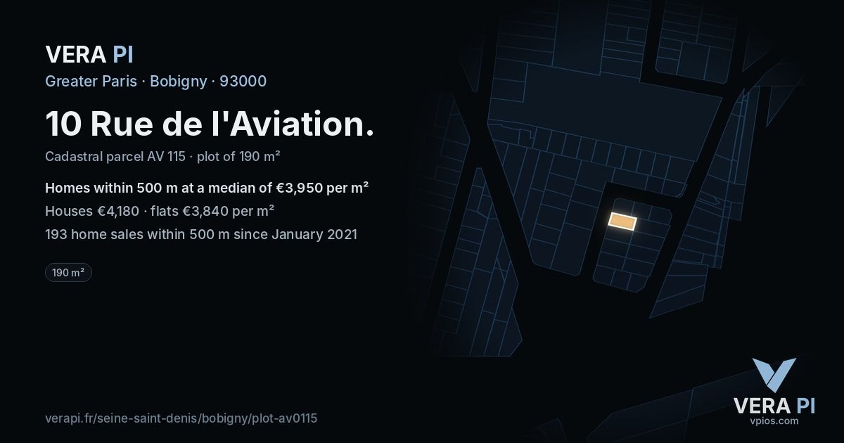 10 Rue de l'Aviation, Bobigny at night – the plot lit, the parcels around coloured by the prices near them