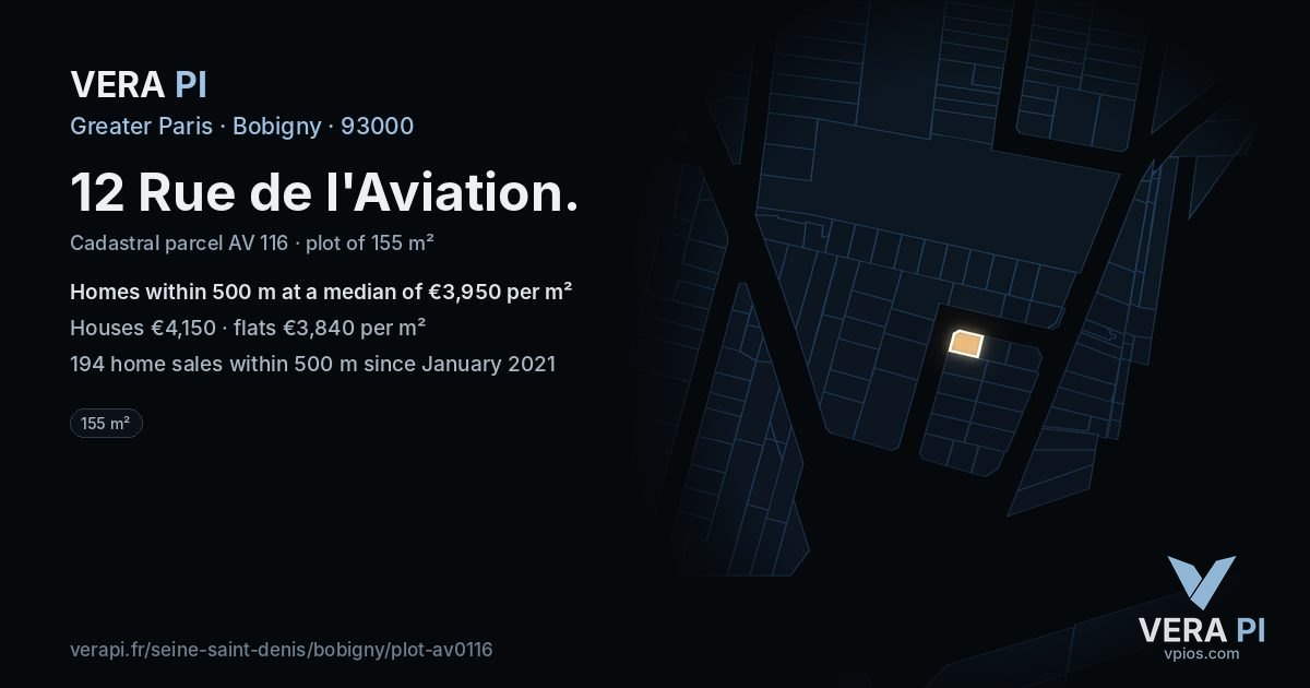 12 Rue de l'Aviation, Bobigny at night – the plot lit, the parcels around coloured by the prices near them