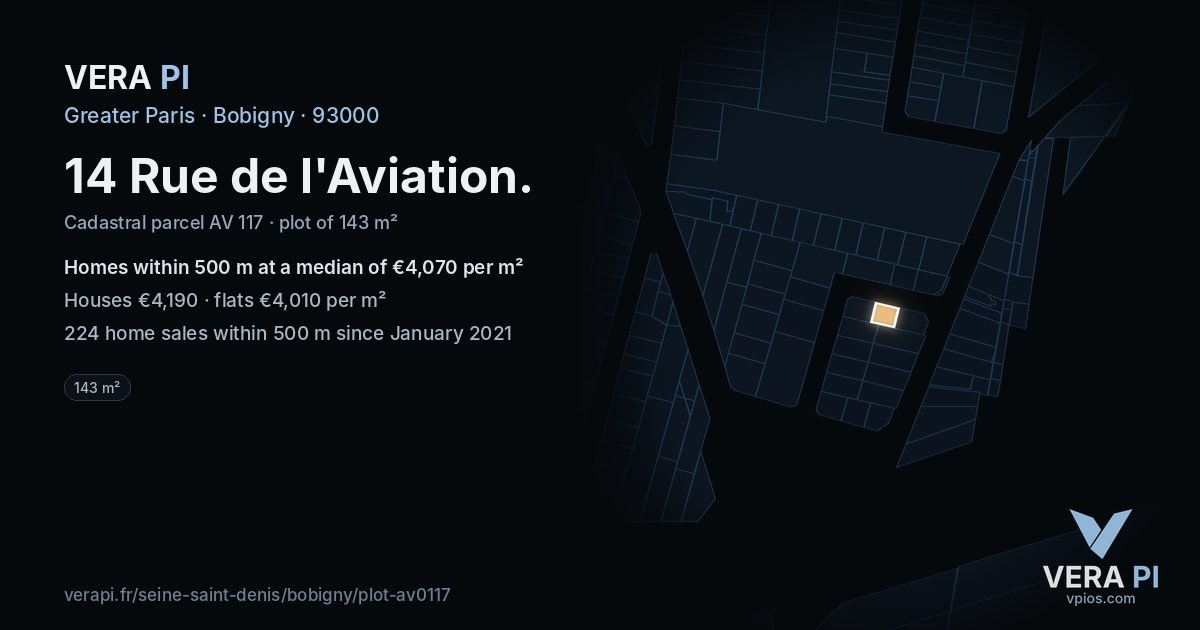 14 Rue de l'Aviation, Bobigny at night – the plot lit, the parcels around coloured by the prices near them