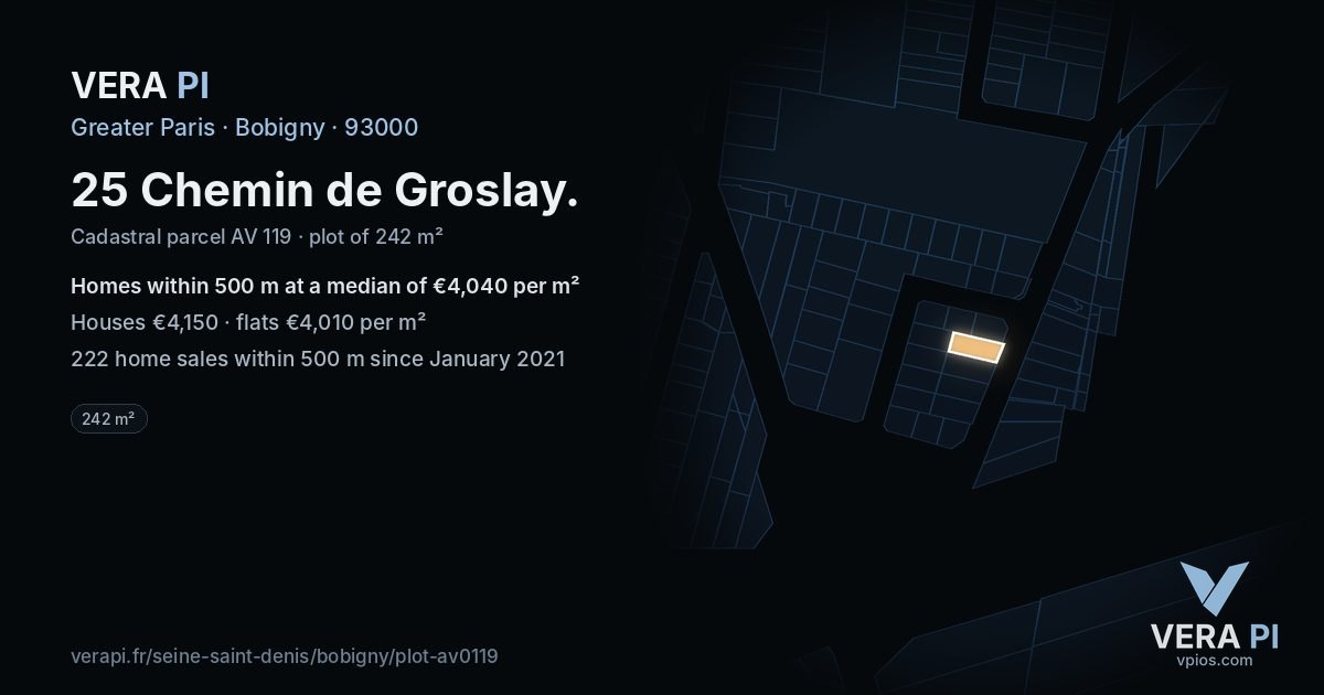 25 Chemin de Groslay, Bobigny at night – the plot lit, the parcels around coloured by the prices near them