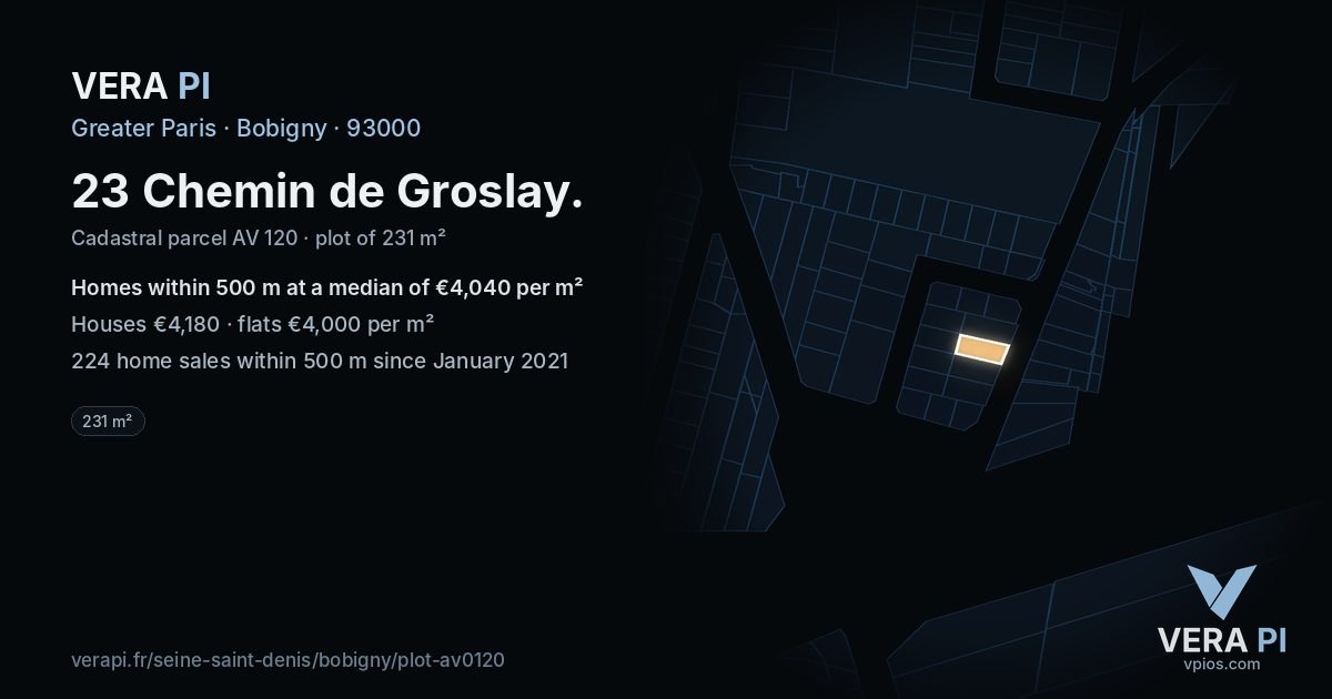 23 Chemin de Groslay, Bobigny at night – the plot lit, the parcels around coloured by the prices near them