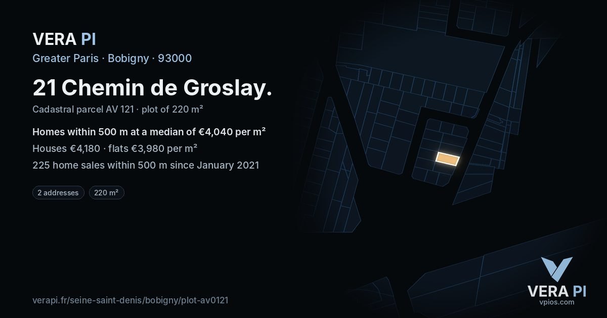 21 Chemin de Groslay, Bobigny at night – the plot lit, the parcels around coloured by the prices near them