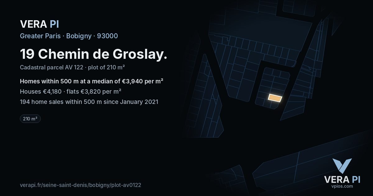19 Chemin de Groslay, Bobigny at night – the plot lit, the parcels around coloured by the prices near them