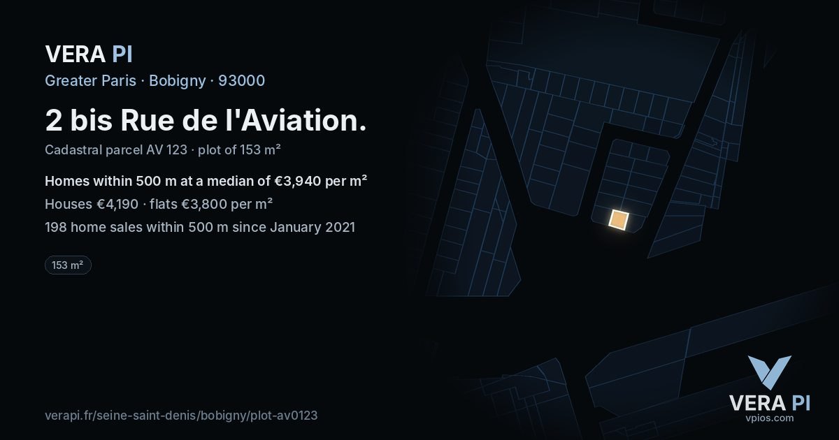2 bis Rue de l'Aviation, Bobigny at night – the plot lit, the parcels around coloured by the prices near them