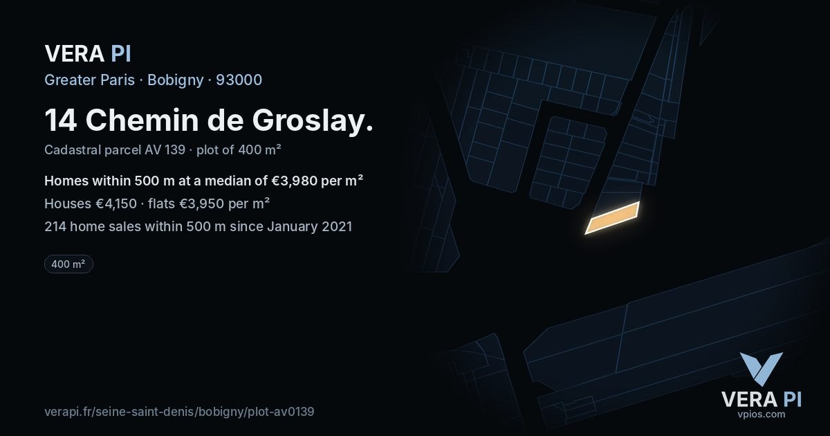 14 Chemin de Groslay, Bobigny at night – the plot lit, the parcels around coloured by the prices near them