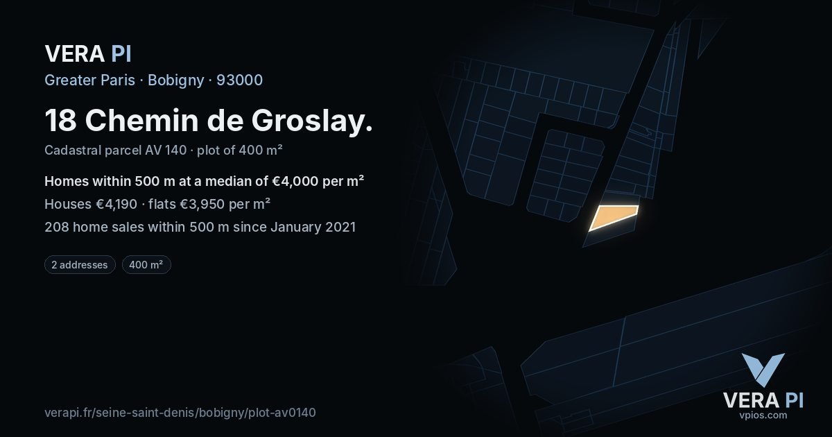 18 Chemin de Groslay, Bobigny at night – the plot lit, the parcels around coloured by the prices near them