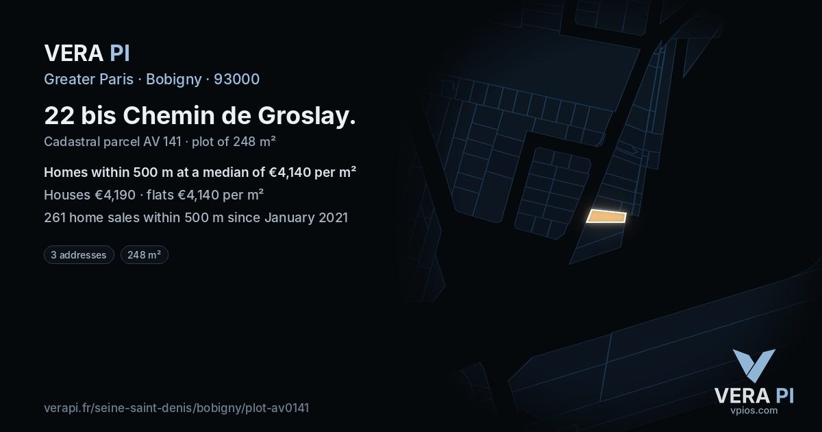 22 bis Chemin de Groslay, Bobigny at night – the plot lit, the parcels around coloured by the prices near them