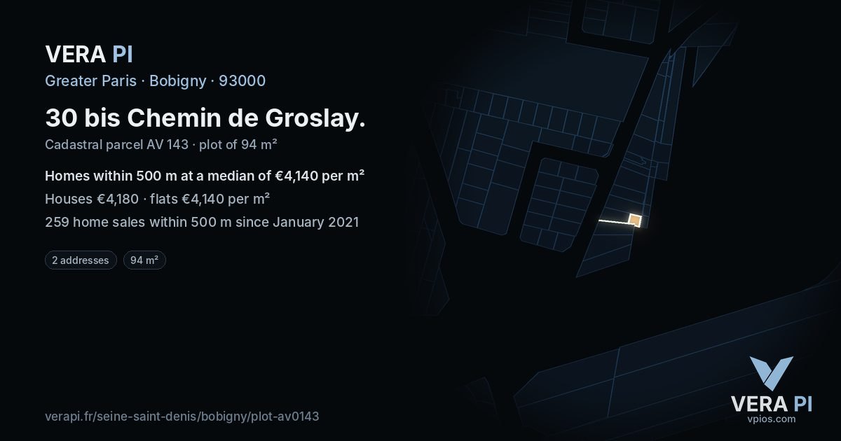 30 bis Chemin de Groslay, Bobigny at night – the plot lit, the parcels around coloured by the prices near them
