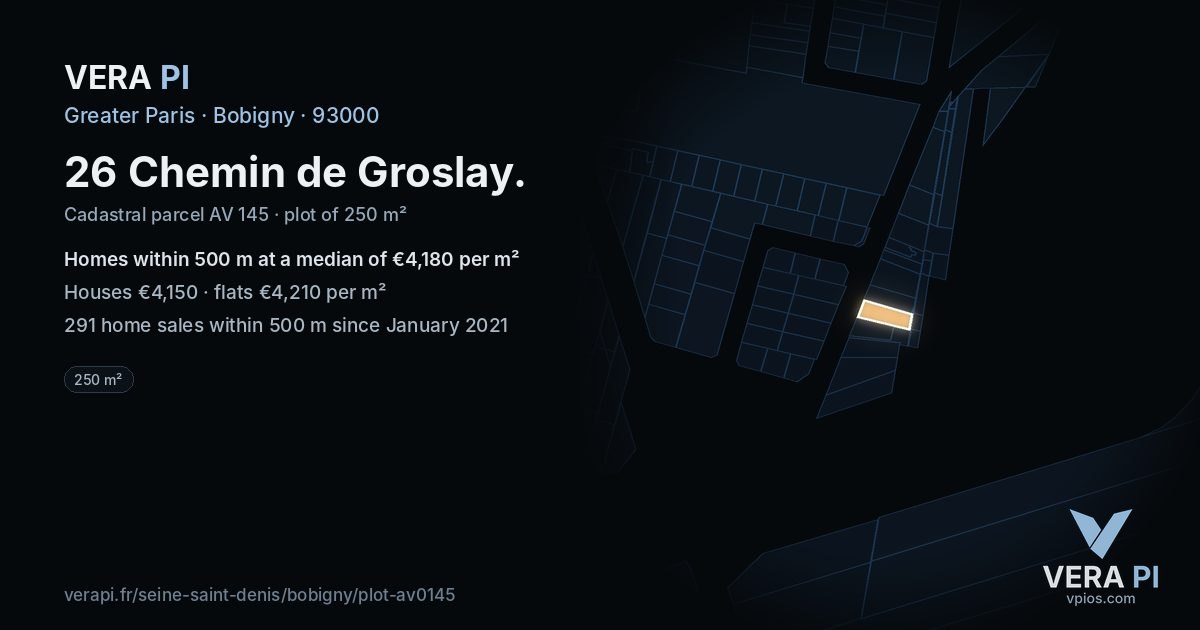 26 Chemin de Groslay, Bobigny at night – the plot lit, the parcels around coloured by the prices near them