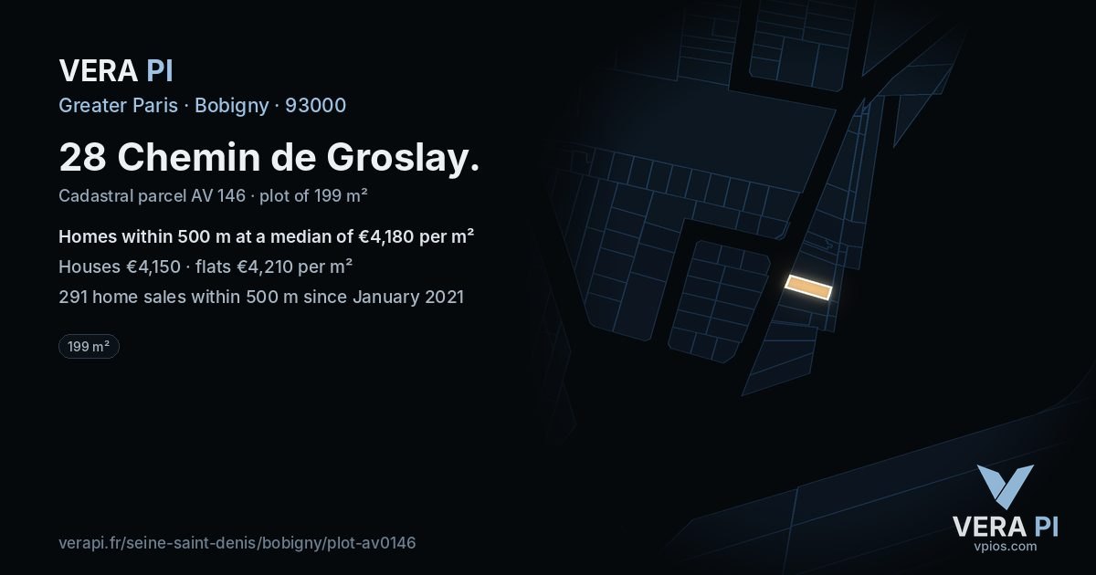 28 Chemin de Groslay, Bobigny at night – the plot lit, the parcels around coloured by the prices near them