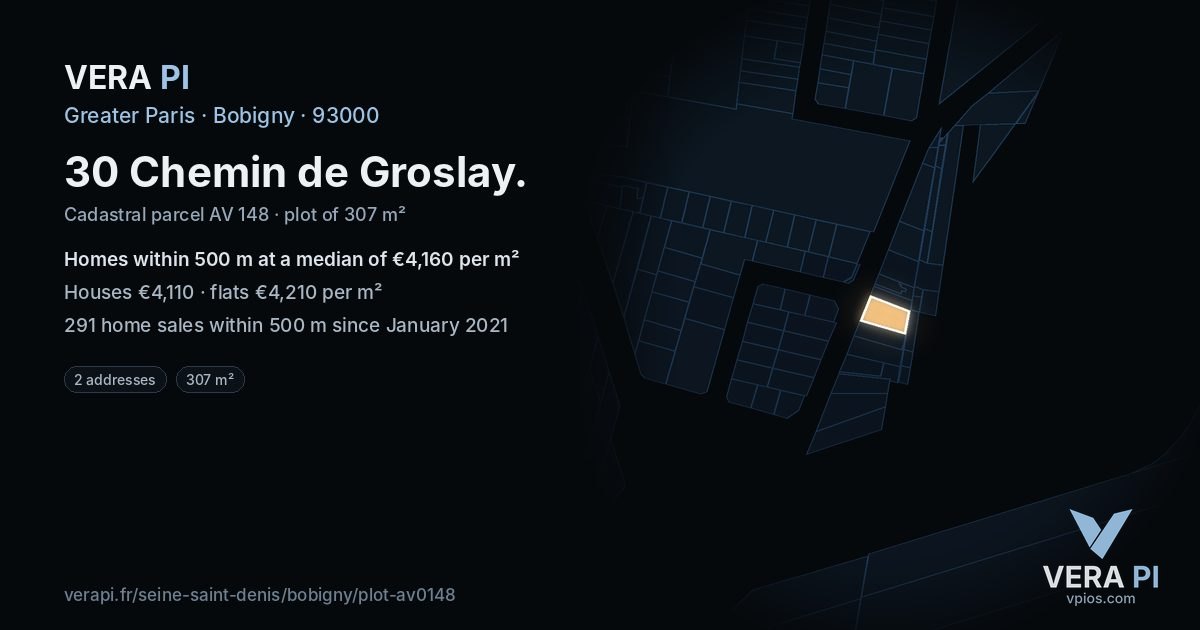 30 Chemin de Groslay, Bobigny at night – the plot lit, the parcels around coloured by the prices near them