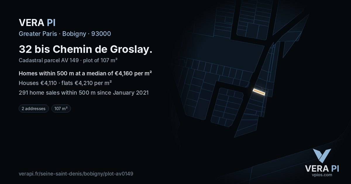 32 bis Chemin de Groslay, Bobigny at night – the plot lit, the parcels around coloured by the prices near them