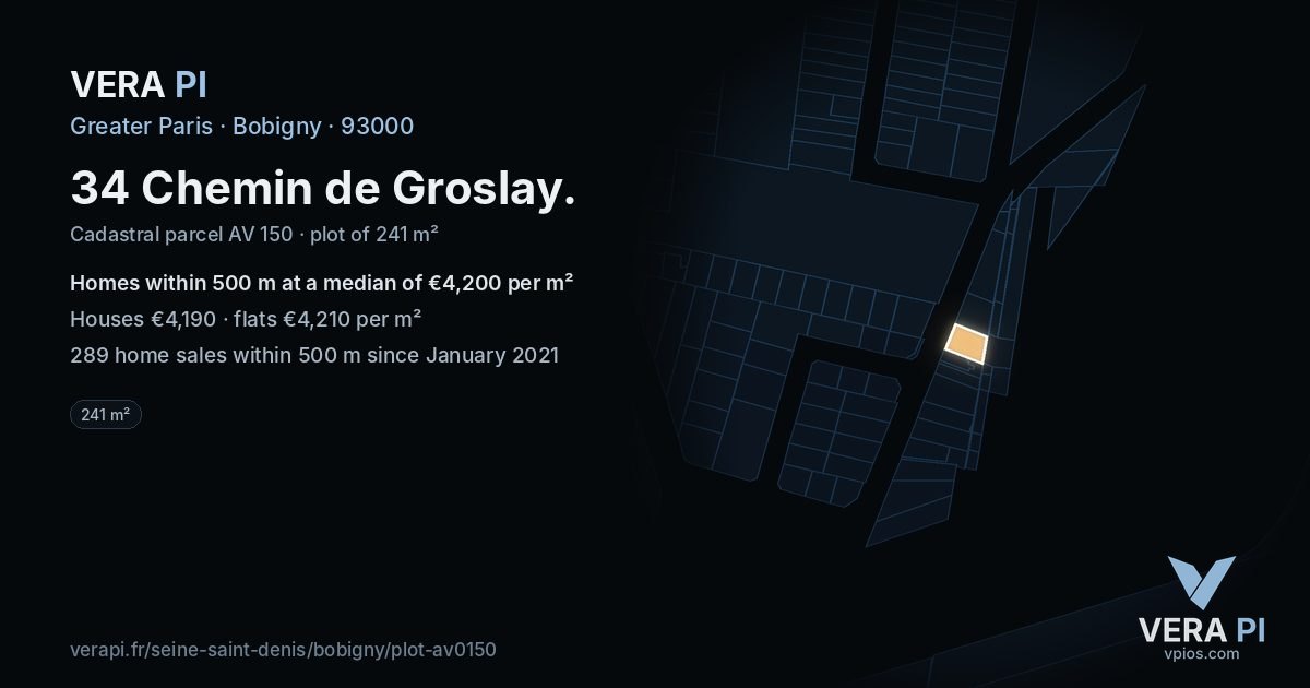 34 Chemin de Groslay, Bobigny at night – the plot lit, the parcels around coloured by the prices near them